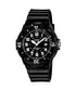 Casio LRW-200H-1BV quartz diver watch with black dial, white Arabic numerals, rotating bezel, and black resin strap