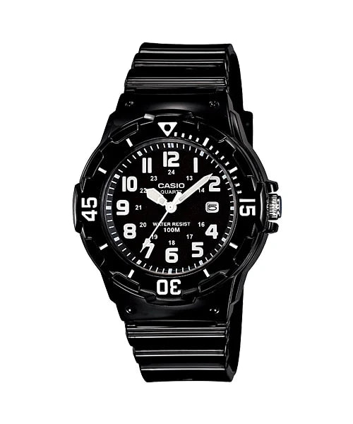 Casio LRW-200H-1BV quartz diver watch with black dial, white Arabic numerals, rotating bezel, and black resin strap