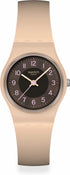 Swatch Espresso Charm LT104 quartz watch with sun-brushed brown dial, beige polymer case and integrated strap, 25mm unisex Swiss timepiece