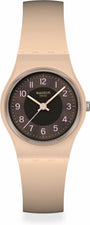 Swatch Espresso Charm LT104 quartz watch with sun-brushed brown dial, beige polymer case and integrated strap, 25mm unisex Swiss timepiece