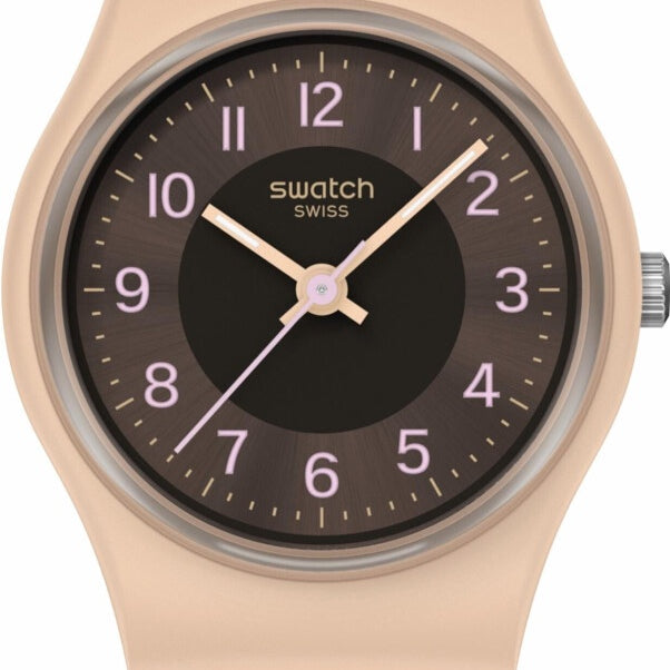 Swatch Espresso Charm LT104 quartz watch with sun-brushed brown dial, beige polymer case and integrated strap, 25mm unisex Swiss timepiece