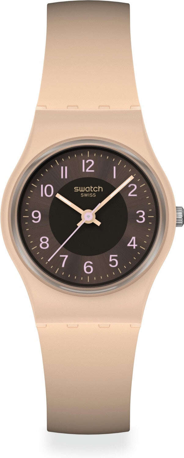 Swatch Espresso Charm LT104 quartz watch with sun-brushed brown dial, beige polymer case and integrated strap, 25mm unisex Swiss timepiece
