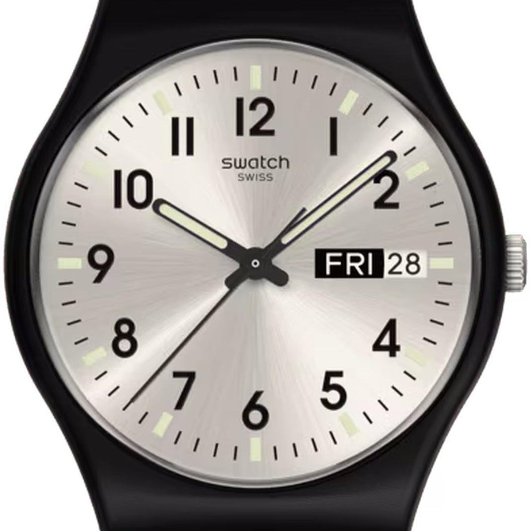 Swatch SHADOW STITCH watch with silver sun-brushed dial and leather strap