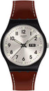 Swatch SHADOW STITCH watch with silver sun-brushed dial and leather strap