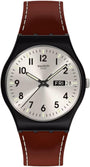 Swatch SHADOW STITCH watch with silver sun-brushed dial and leather strap
