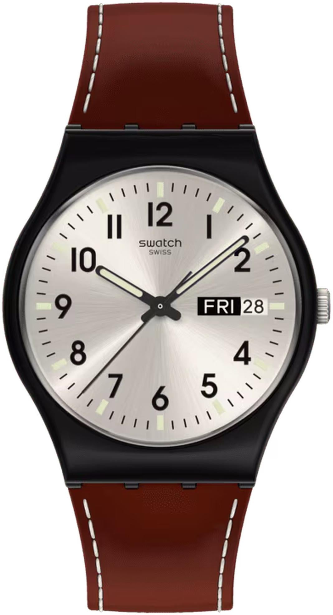 Swatch SHADOW STITCH watch with silver sun-brushed dial and leather strap