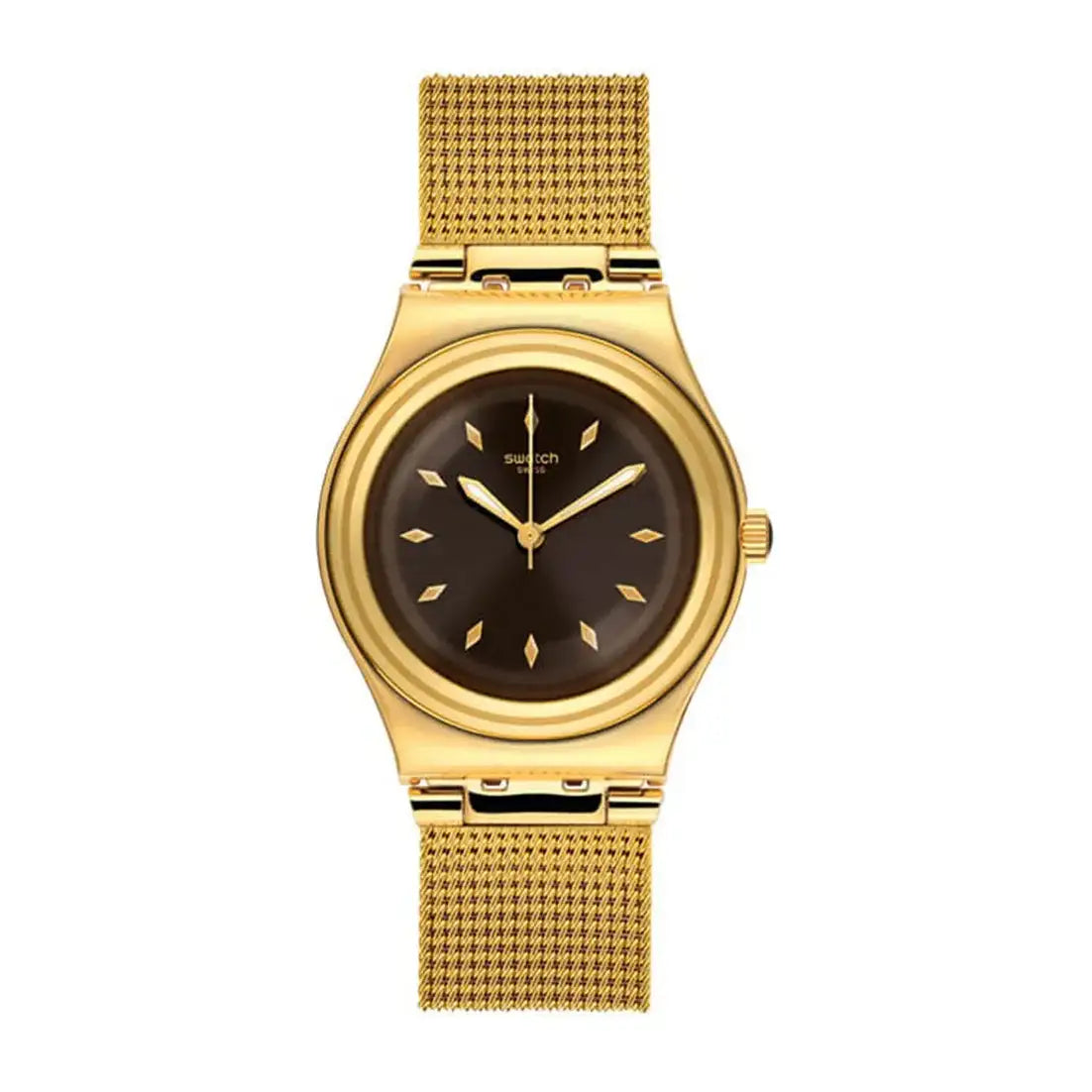 Swatch Irony Losange YLG133M gold-tone stainless steel watch with brown dial and mesh bracelet on white background