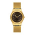 Swatch Irony Losange YLG133M gold-tone stainless steel watch with brown dial and mesh bracelet on white background
