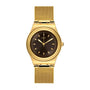 Swatch Irony Losange YLG133M gold-tone stainless steel watch with brown dial and mesh bracelet on white background