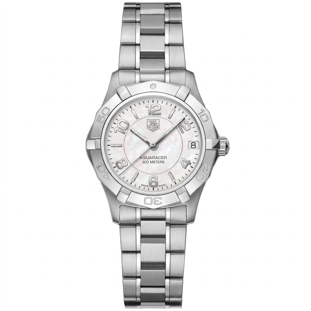 TAG Heuer Aquaracer WAF1311 ladies quartz watch with white mother-of-pearl dial and stainless steel bracelet on white background