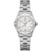 TAG Heuer Aquaracer WAF1311 ladies quartz watch with white mother-of-pearl dial and stainless steel bracelet on white background
