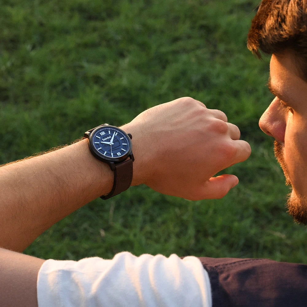 Timberland Driscoll Quartz Blue Dial Gunmetal Case Leather Strap Watch (TDWGA0094703)