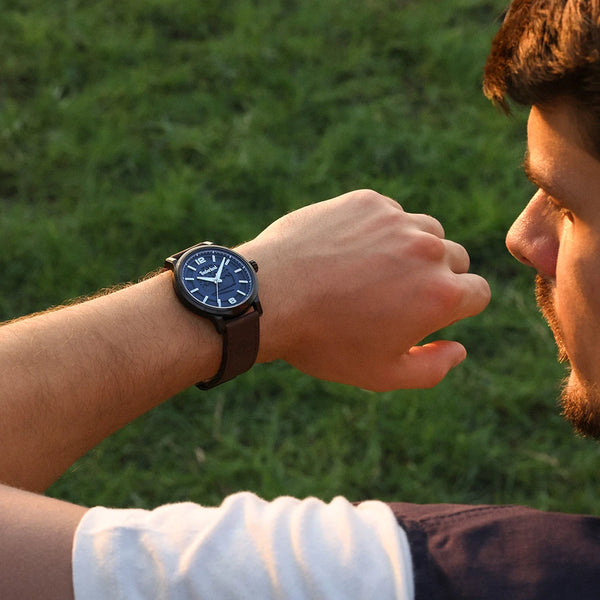 Timberland Driscoll Quartz Blue Dial Gunmetal Case Leather Strap Watch (TDWGA0094703)