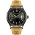 Timberland Trumbull TDWGB0041006 quartz watch with black dial, gunmetal case, and tan leather strap