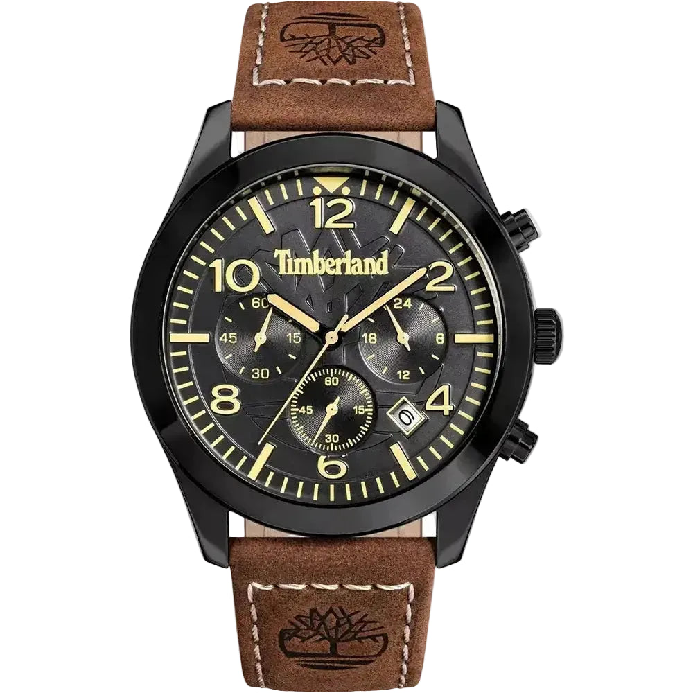 Timberland Killington Peak TDWGC0068802 quartz chronograph watch with black dial, gold-tone hands and Arabic numerals, brown leather strap with embossed logo, and black-coated stainless steel case