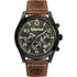 Timberland Killington Peak TDWGC0068802 quartz chronograph watch with black dial, gold-tone hands and Arabic numerals, brown leather strap with embossed logo, and black-coated stainless steel case