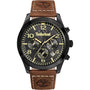Timberland Killington Peak TDWGC0068802 quartz chronograph watch with black dial, gold-tone hands and Arabic numerals, brown leather strap with embossed logo, and black-coated stainless steel case