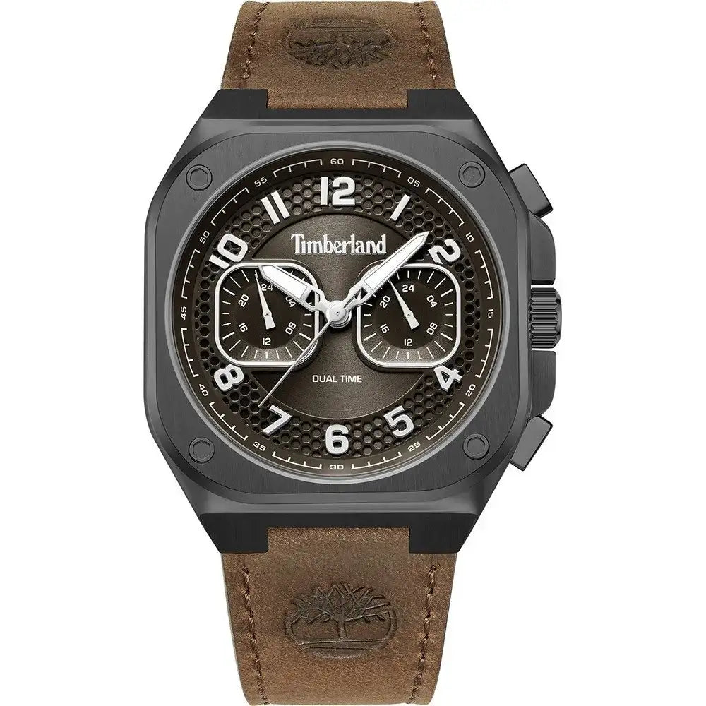 Timberland Mackinac Dual Time watch with grey honeycomb dial, steel cushion case and leather strap