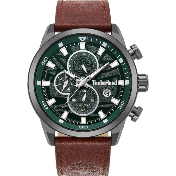 Timberland Henniker II TDWGF0055601 quartz chronograph watch with textured green dial, gunmetal stainless steel case, and brown leather strap