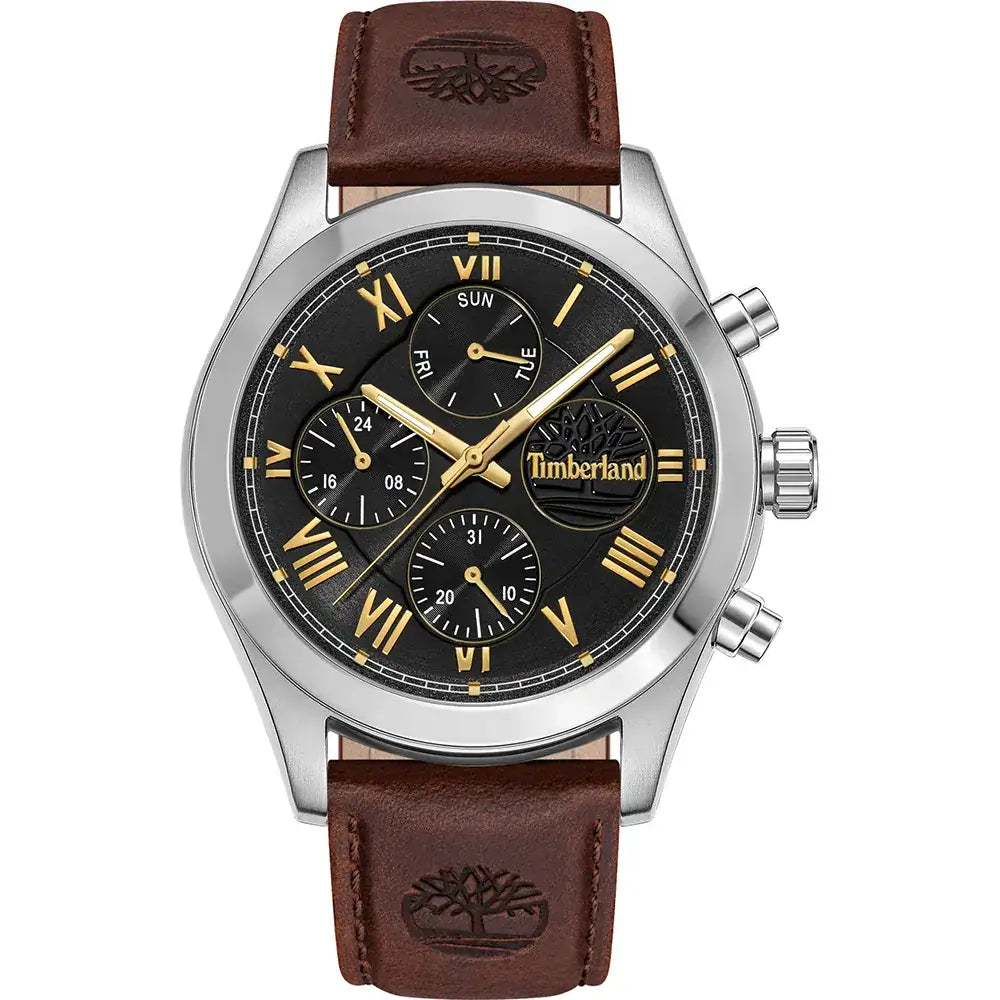 Timberland Ashmont TDWGF0082601 quartz chronograph watch with 44mm stainless steel case, black multifunction dial with gold-tone Roman numerals, and brown embossed leather strap