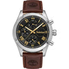Timberland Ashmont TDWGF0082601 quartz chronograph watch with 44mm stainless steel case, black multifunction dial with gold-tone Roman numerals, and brown embossed leather strap