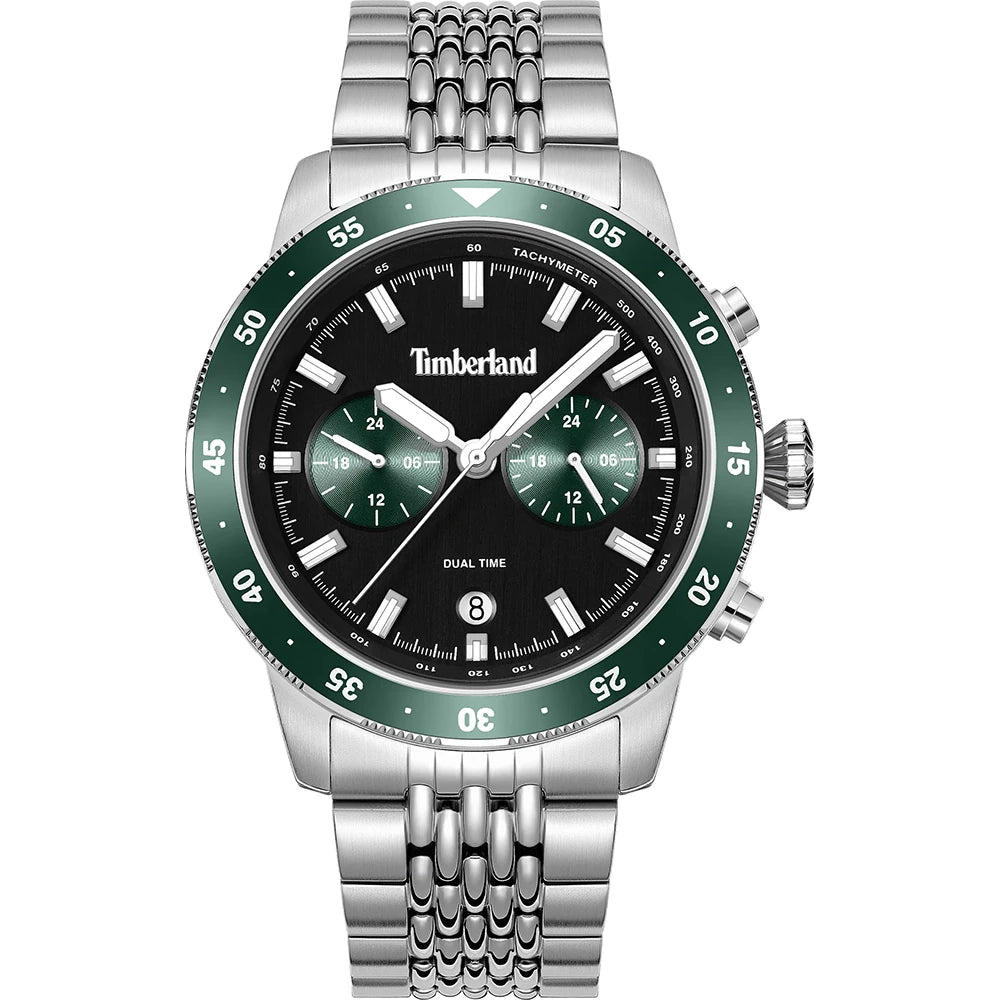 Timberland Parkman TDWGK0094304 dual time quartz watch with black dial, green bezel, and stainless steel bracelet on white background