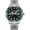 Timberland Parkman TDWGK0094304 dual time quartz watch with black dial, green bezel, and stainless steel bracelet on white background