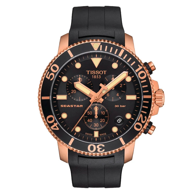 Tissot Seastar 1000 Chronograph with rose gold-tone steel case and black dial