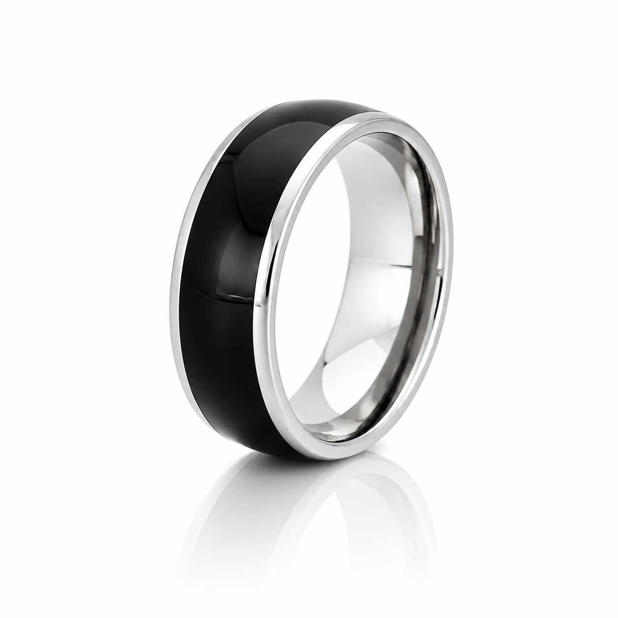 Black Tungsten Ring with Silver Bevelled Edge (TU19O)