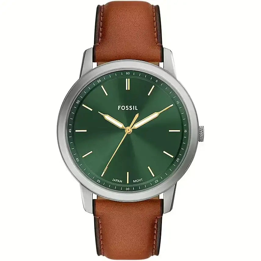 Fossil FS6094 green sunray dial watch front view on leather strap