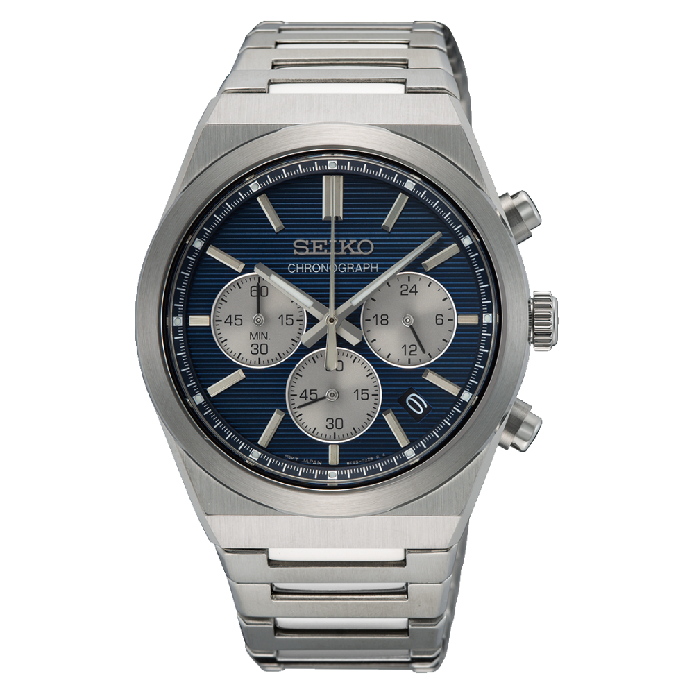 Seiko SSB453P1 chronograph with blue ribbed dial and steel bracelet, front view