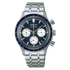 Seiko SSB477P1 quartz chronograph watch with navy blue dial, tachymeter bezel, and stainless steel bracelet, 38.7mm case diameter