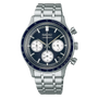 Seiko SSB477P1 quartz chronograph watch with navy blue dial, tachymeter bezel, and stainless steel bracelet, 38.7mm case diameter