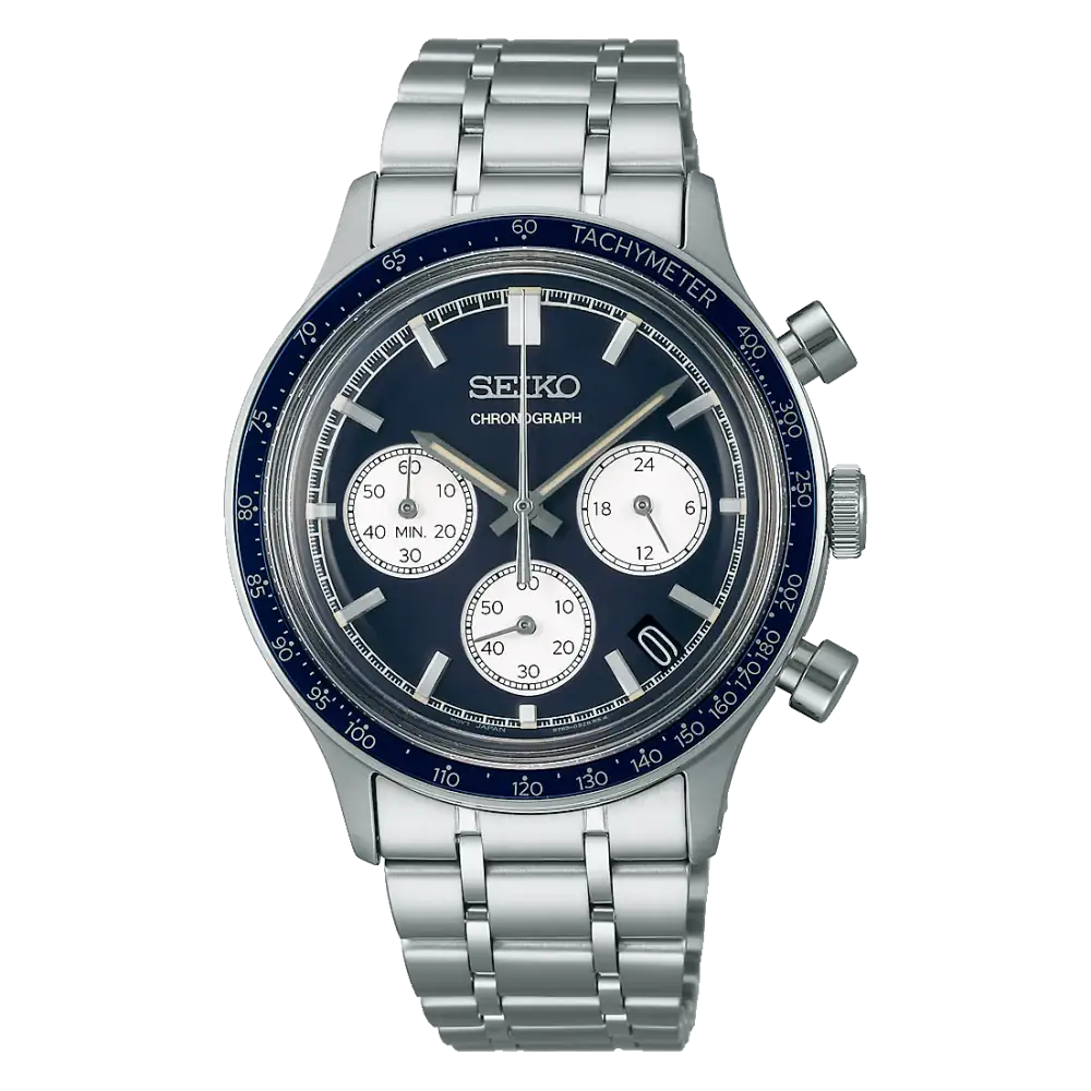 Seiko SSB477P1 quartz chronograph watch with navy blue dial, tachymeter bezel, and stainless steel bracelet, 38.7mm case diameter