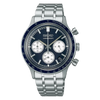 Seiko SSB477P1 quartz chronograph watch with navy blue dial, tachymeter bezel, and stainless steel bracelet, 38.7mm case diameter
