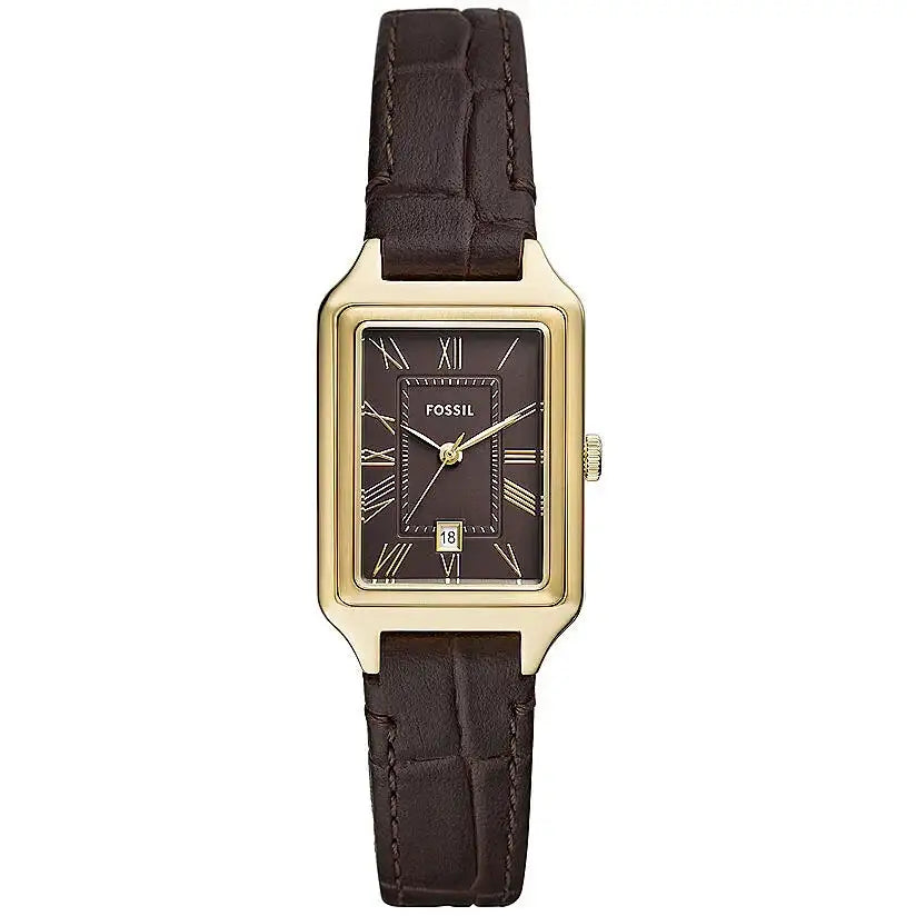 Fossil Raquel ES5367 women's quartz watch with rectangular gold-tone case, brown dial with Roman numerals, and brown embossed crocodile-pattern leather strap