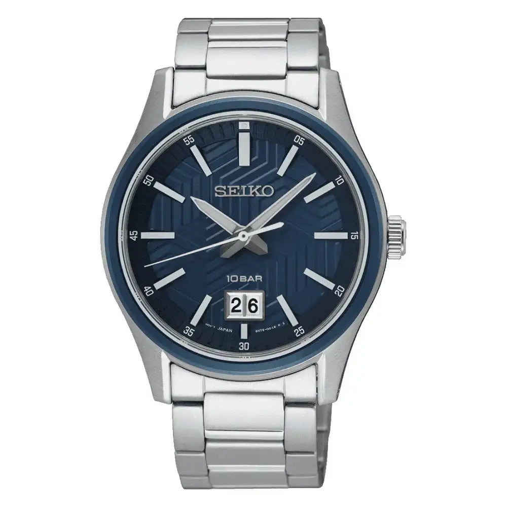 Seiko Sport SUR559P1 quartz watch with blue textured dial, stainless steel case and bracelet, big date display at 6 o'clock