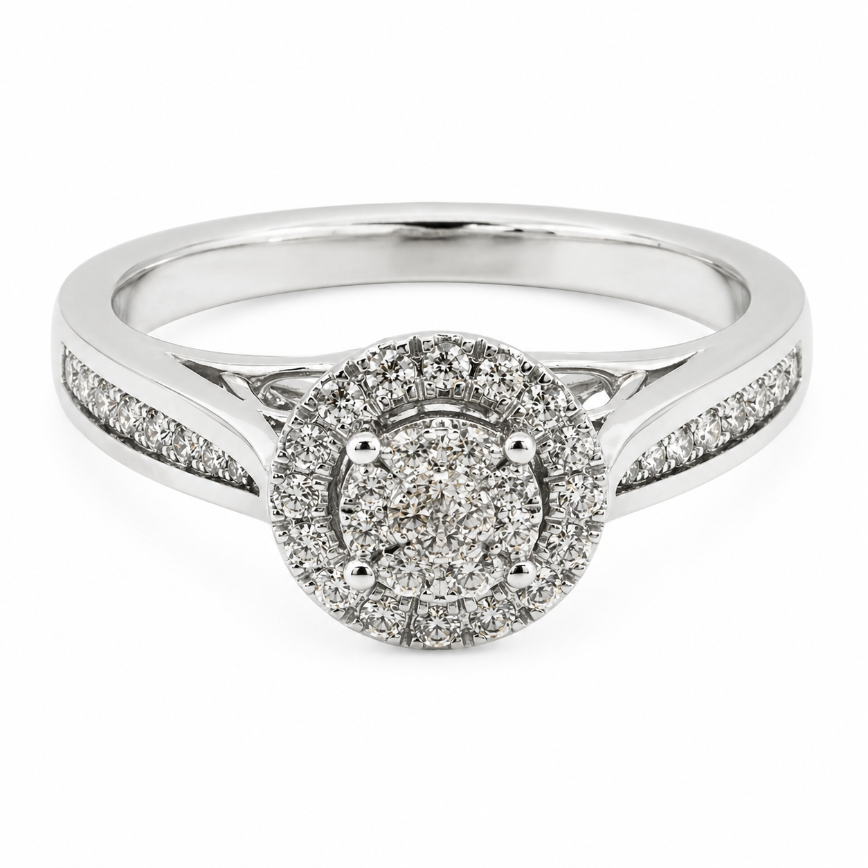 9ct white gold diamond cluster halo engagement ring with channel set shoulders by Cassim & Co