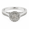 9ct white gold diamond cluster halo engagement ring with channel set shoulders by Cassim & Co
