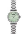Emporio Armani Gianni T-Bar AR11667 Ladies Silver Watch, full face view, highlighting the petite 28mm case and reflective green sunray dial.
