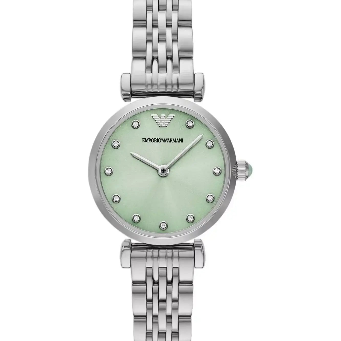 Emporio Armani Gianni T-Bar AR11667 Ladies Silver Watch, full face view, highlighting the petite 28mm case and reflective green sunray dial.
