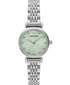 Emporio Armani Gianni T-Bar AR11667 Ladies Silver Watch, full face view, highlighting the petite 28mm case and reflective green sunray dial.
