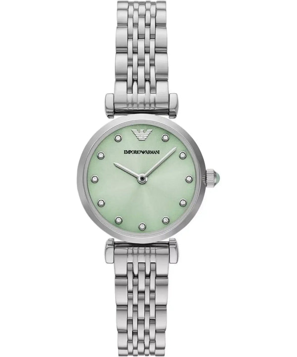 Emporio Armani Gianni T-Bar AR11667 Ladies Silver Watch, full face view, highlighting the petite 28mm case and reflective green sunray dial.
