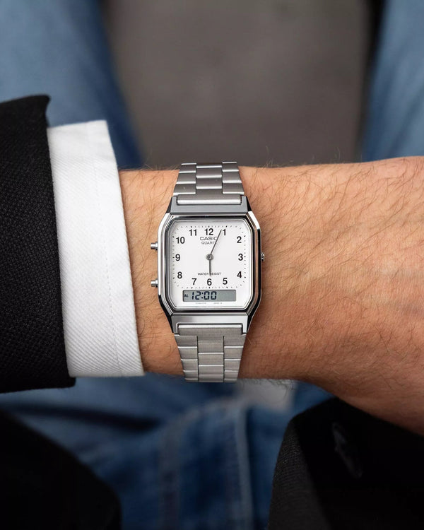 Casio Vintage AQ-230A-7B Dual Time Quartz White Dial Stainless Steel Watch (AQ-230A-7BMQ)