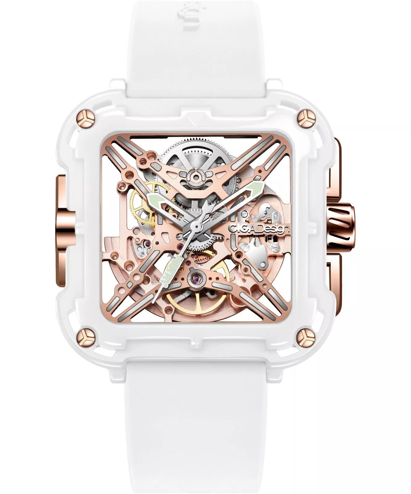 CIGA DESIGN X Series Great Ape automatic skeleton watch with white ceramic case, rose gold bridges, and transparent dial showing mechanical movement