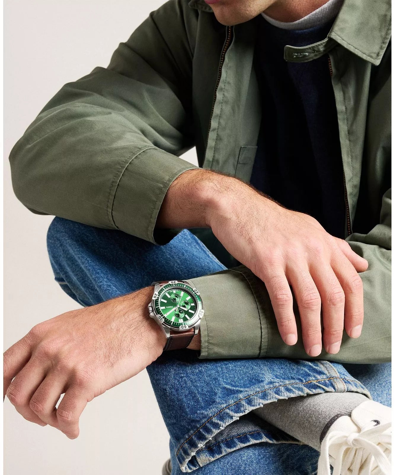 Fossil Garrett Quartz Multifunction Green Dial Brown Leather Watch (FS6147)