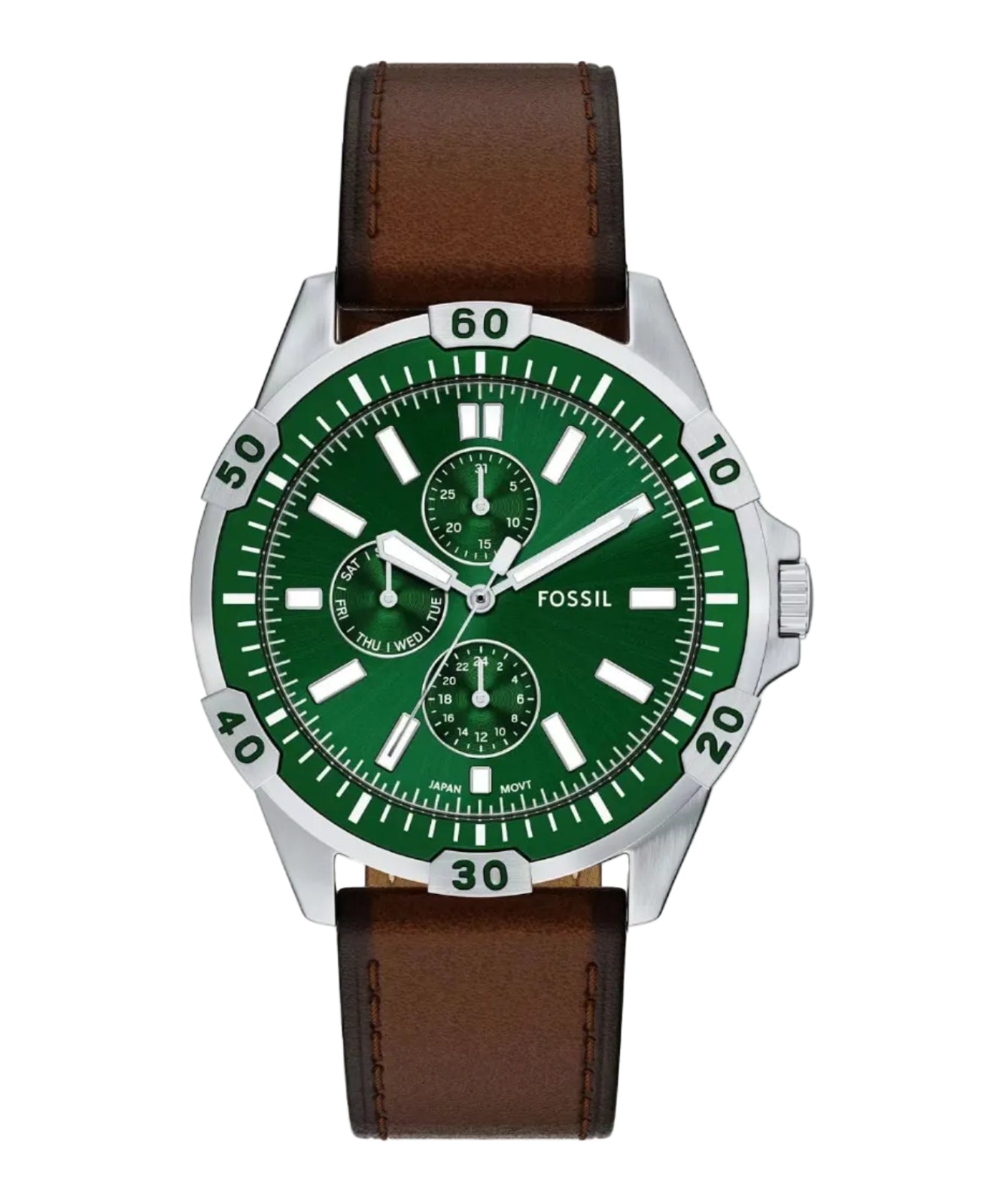 Fossil Garrett Quartz Multifunction Green Dial Brown Leather Watch (FS6147)