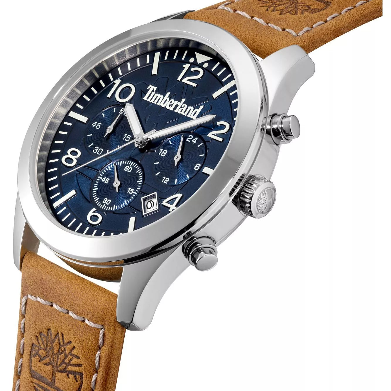 Blue multi-textured dial showing tri-compax sub-dials and date window at 4 o'clock