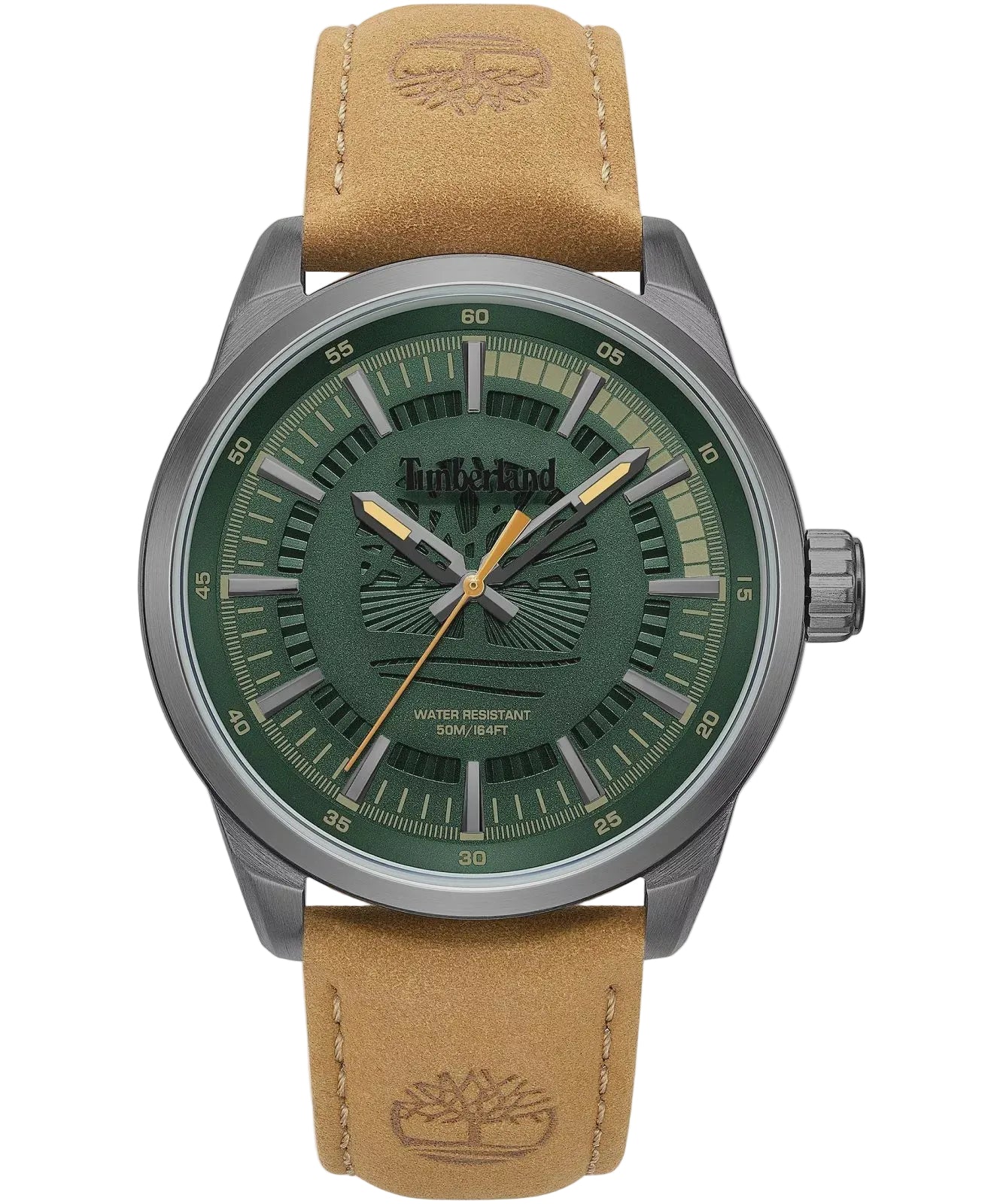 Timberland Lanigan TDWGA0083201 men's quartz watch with green multi-layer dial, grey IP stainless steel case, and tan leather strap