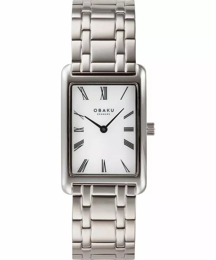 Obaku Slim V311LXCWSC quartz ladies watch with rectangular stainless steel case, white Roman numeral dial, and three-link steel bracelet